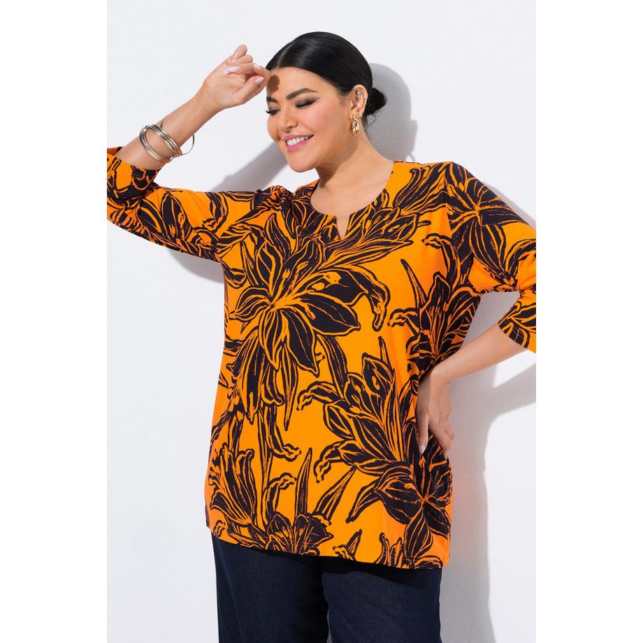 Ulla Popken T-shirt feuilles coupe évasée col tunisien manches 3/4  