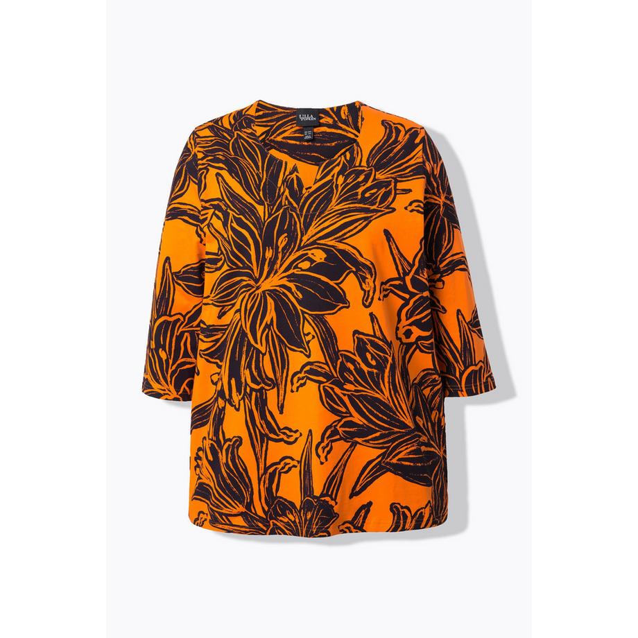 Ulla Popken T-shirt feuilles coupe évasée col tunisien manches 3/4  