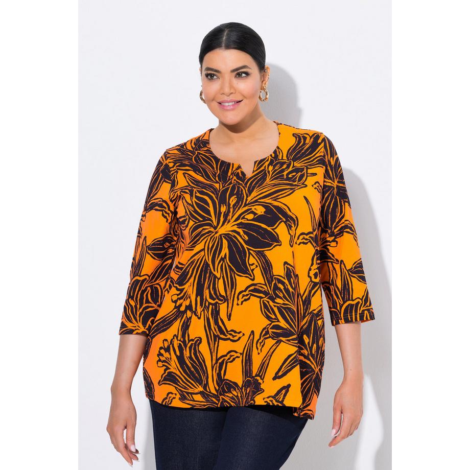 Ulla Popken T-shirt feuilles coupe évasée col tunisien manches 3/4  