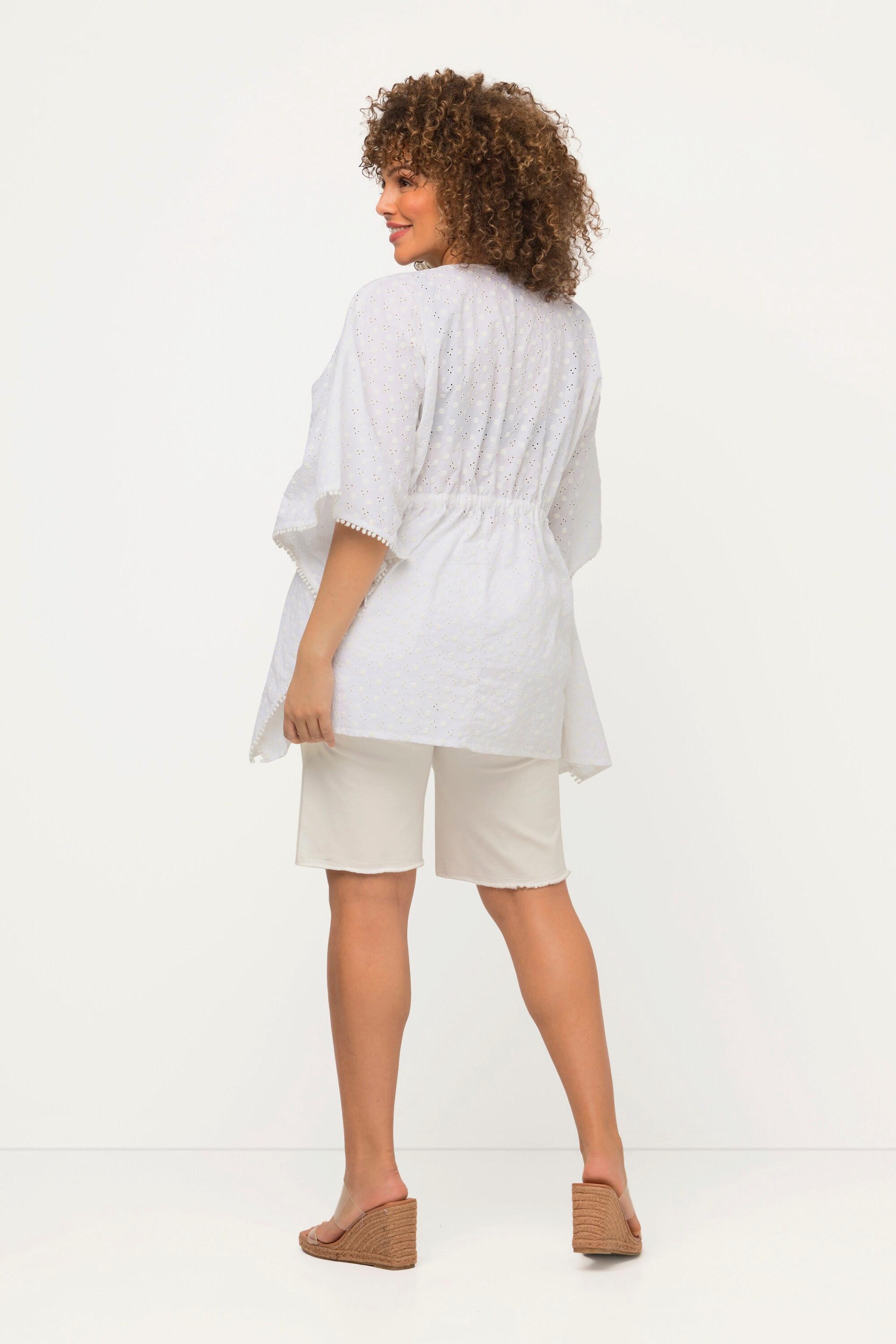 Ulla Popken  Blusa a kimono dal taglio oversize con pizzo traforato, nappe e maniche a 3/4 