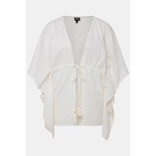 Ulla Popken  Blouse style kimono oversized à manches 3/4. Dentelle ajourée et pompons. 