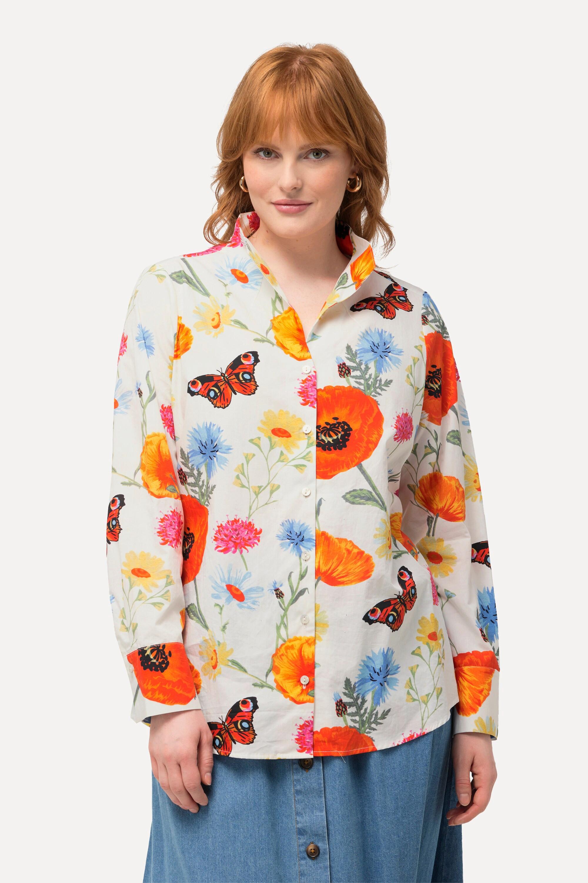 Ulla Popken  Bluse, Blüten, Schmetterlinge, Kelchkragen, Langarm 