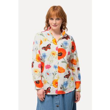 Blusa con fiori, farfalle, scollo montante e maniche lunghe