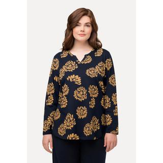 Ulla Popken  T-shirt de pyjama en coton bio, avec col tunisien et manches longues, imprimé floral 