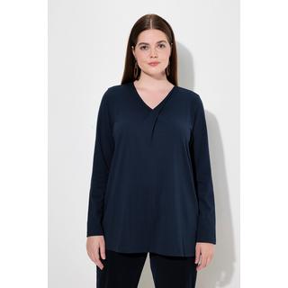 Ulla Popken  Maglia con drappeggio, scollo a V, maniche lunghe e cotone biologico 