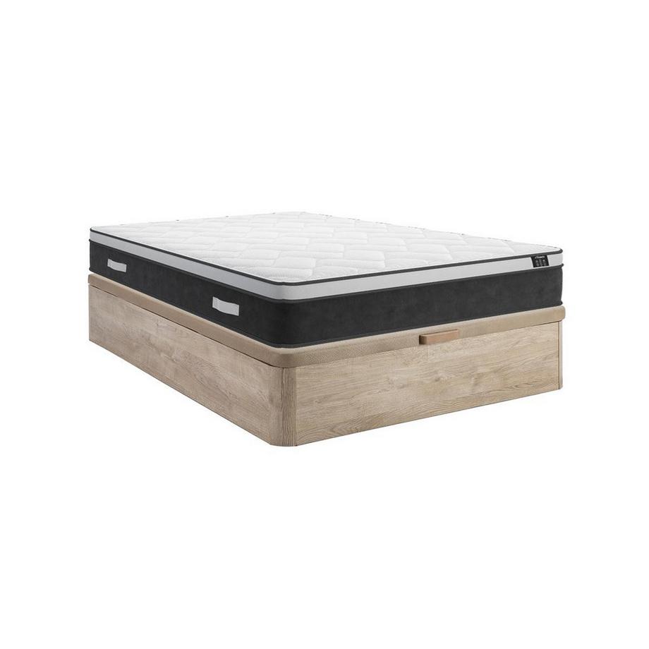 Set aus Bettgestell mit Bettkasten + Taschenfederkernmatratze mit Memory Schaum - 160 x 200 cm - Stärke 25 cm - Holzfarben hell - ASTRIA Art Collection von YSMÉE