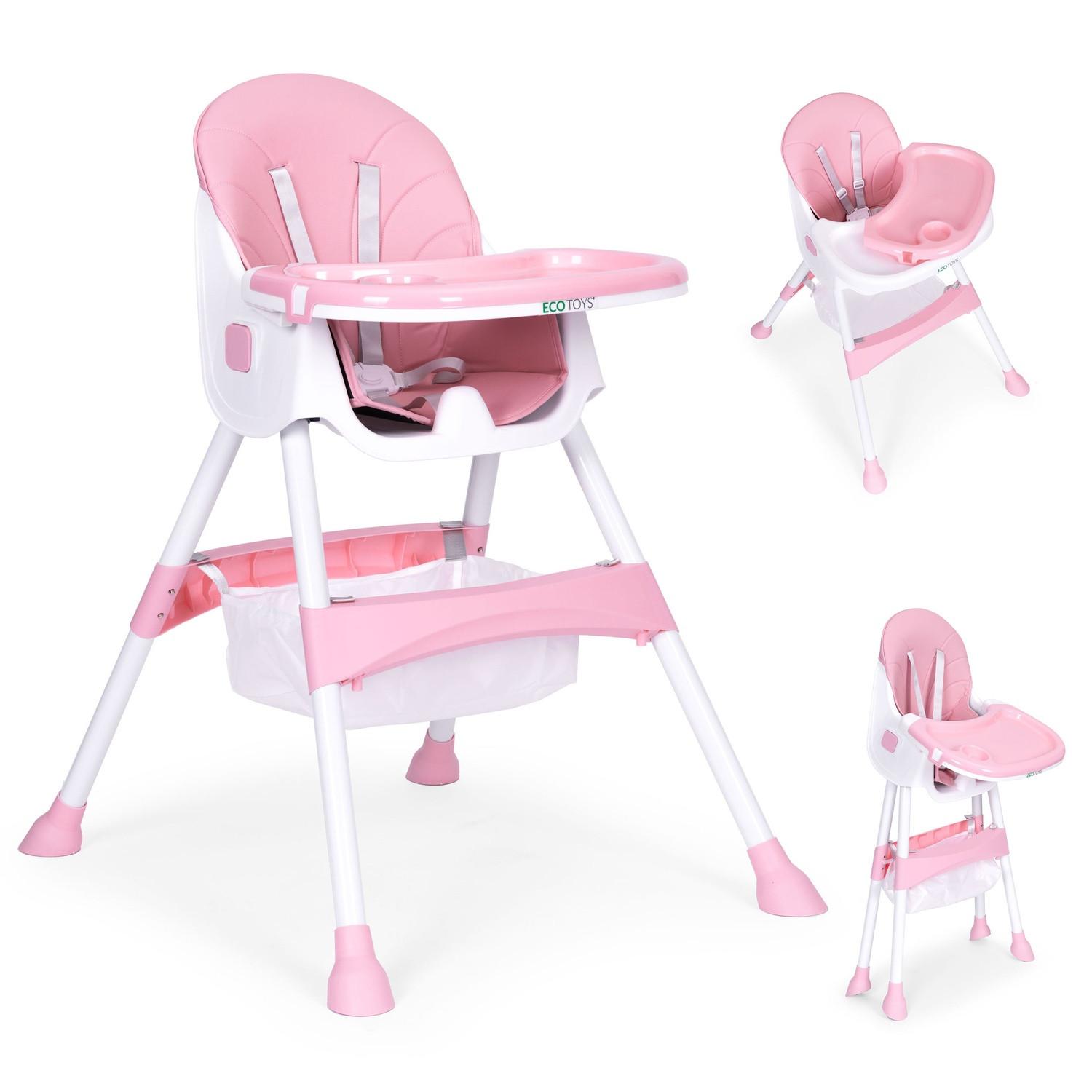 MST  Chaise d'alimentation enfant avec plateau et panier, harnais 5 points, rose, ECOTOYS 