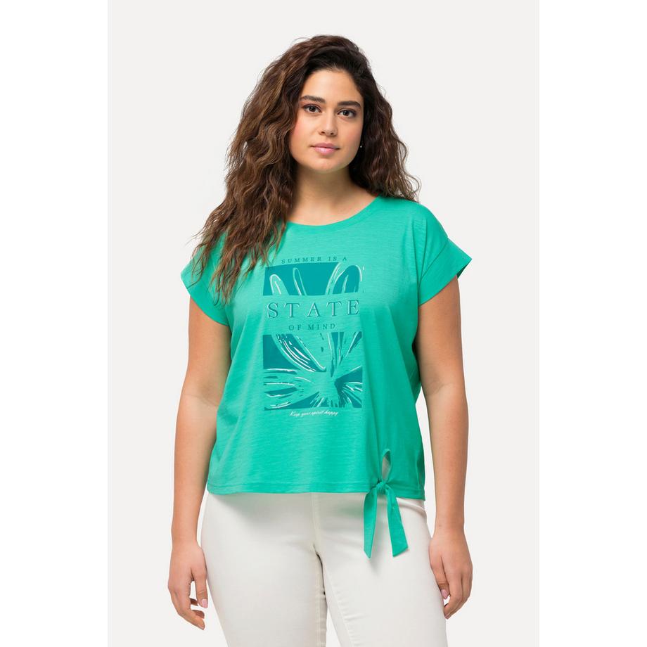 Ulla Popken Top Oversized Col Rond avec Ruban à la Base et Manches Courtes  