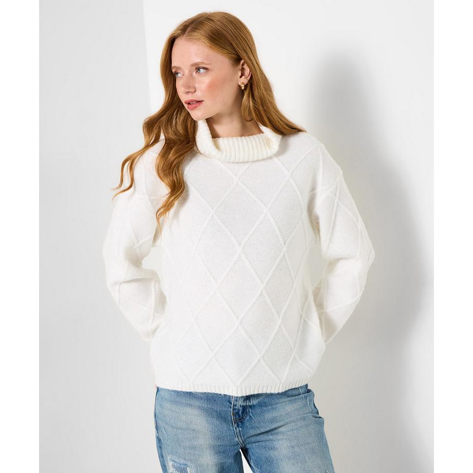 Klassischer cremefarbener Rollkragenpullover mit Rautenmuster