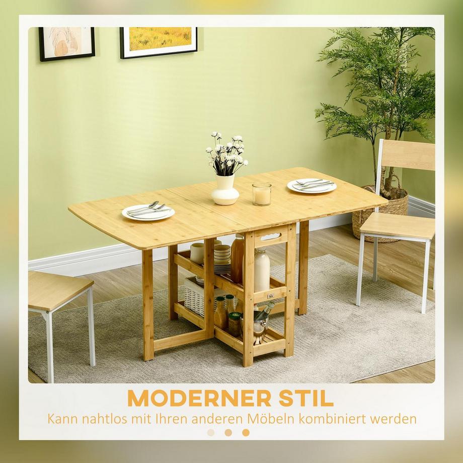 Northio Esstisch Klapptisch Esszimmertisch Küchentisch Mit Ablagefächer Und Verstellbaren Füße Landhausstil Bambus Naturholz 149,5 X 80 X 73,5 Cm  