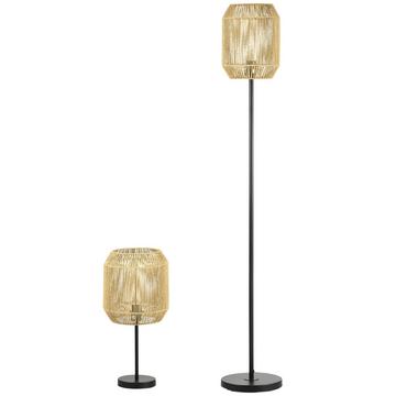 Lot De 2 Lampes Avec Lampadaire Et Lampe De Table, Culot E27, Abat-Jour En Lin, Pour Salon, Naturel