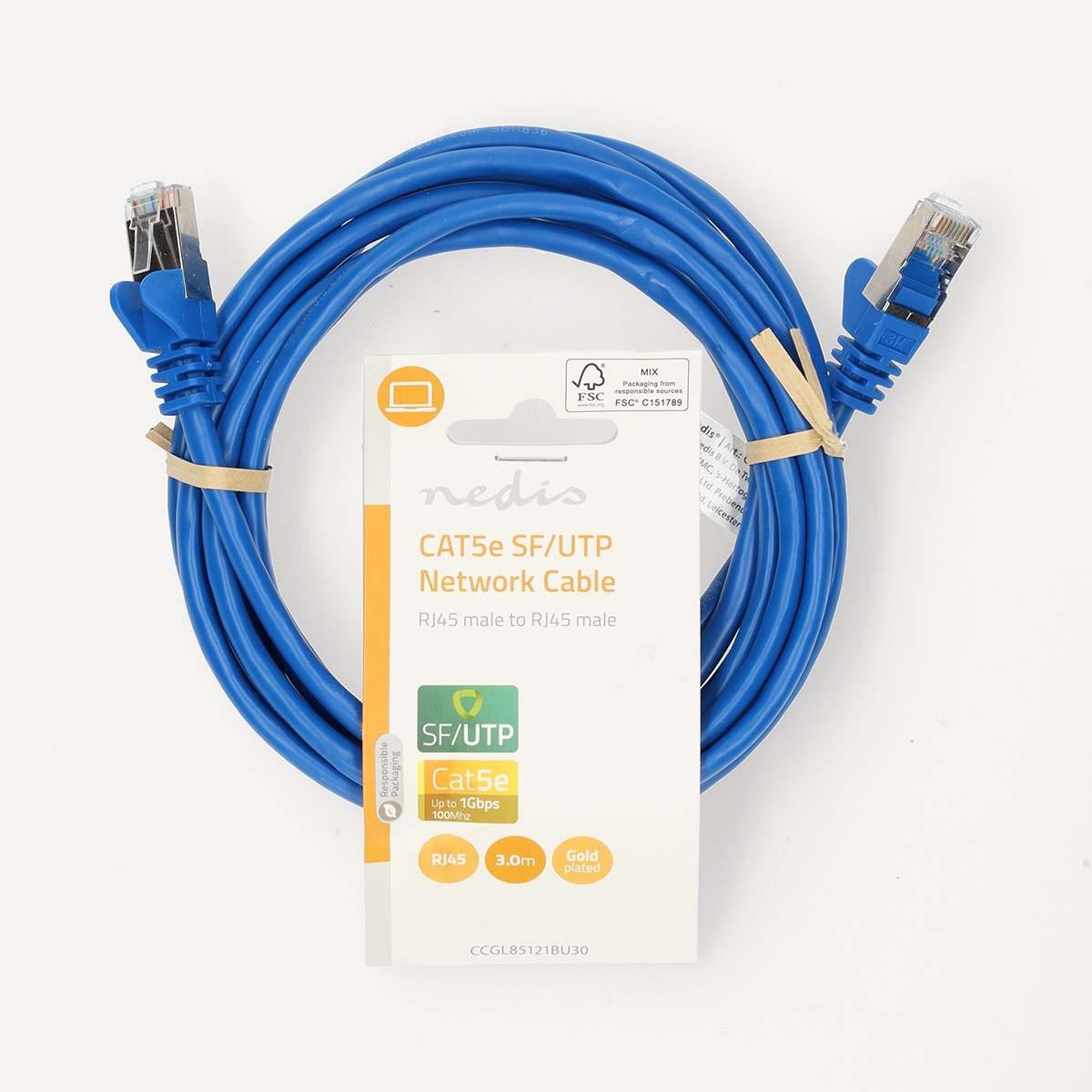Nedis  Câble réseau CAT5e | SF/UTP | RJ45 mâle | RJ45 mâle | 3.00 m | Rond | PVC | Bleu | Label 