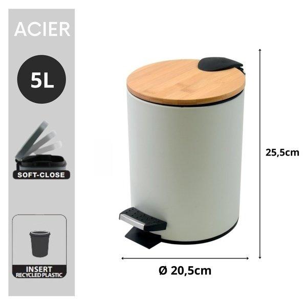 spirella Badezimmer Treteimer Stahl & Bambus ADONIS 5L Weiß  