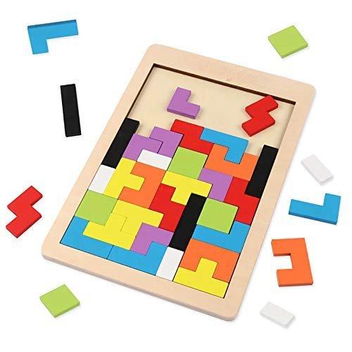 Activity-board  Holzpuzzle 40 Stück Tangram Puzzle Gehirntraining Spielzeug für Kinder, Holzpuzzle Box Gehirn Spiel 