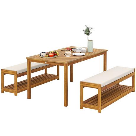 Northio 3 tlg. Gartenmöbel-Set, Sitzgarnitur inkl. 1 Esstisch mit Schirmloch, 2 Bänke 150 x 85 x 75 cm Teak  