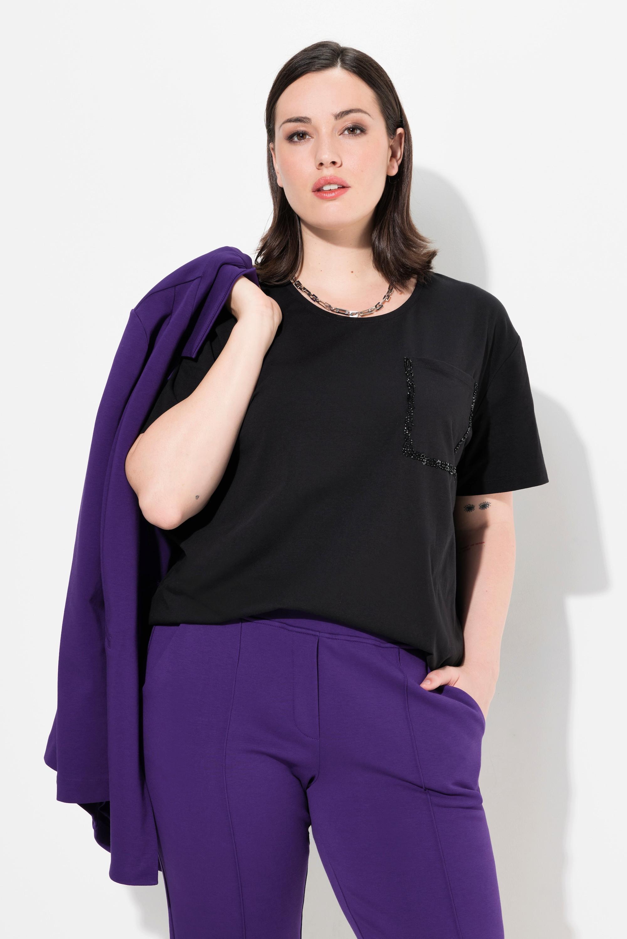 Ulla Popken  T-shirt dal taglio oversize con taschino, perline, scollo a girocollo e mezze maniche 