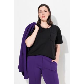 Ulla Popken  T-shirt oversize à col rond et manches courtes, perles et poche poitrine 