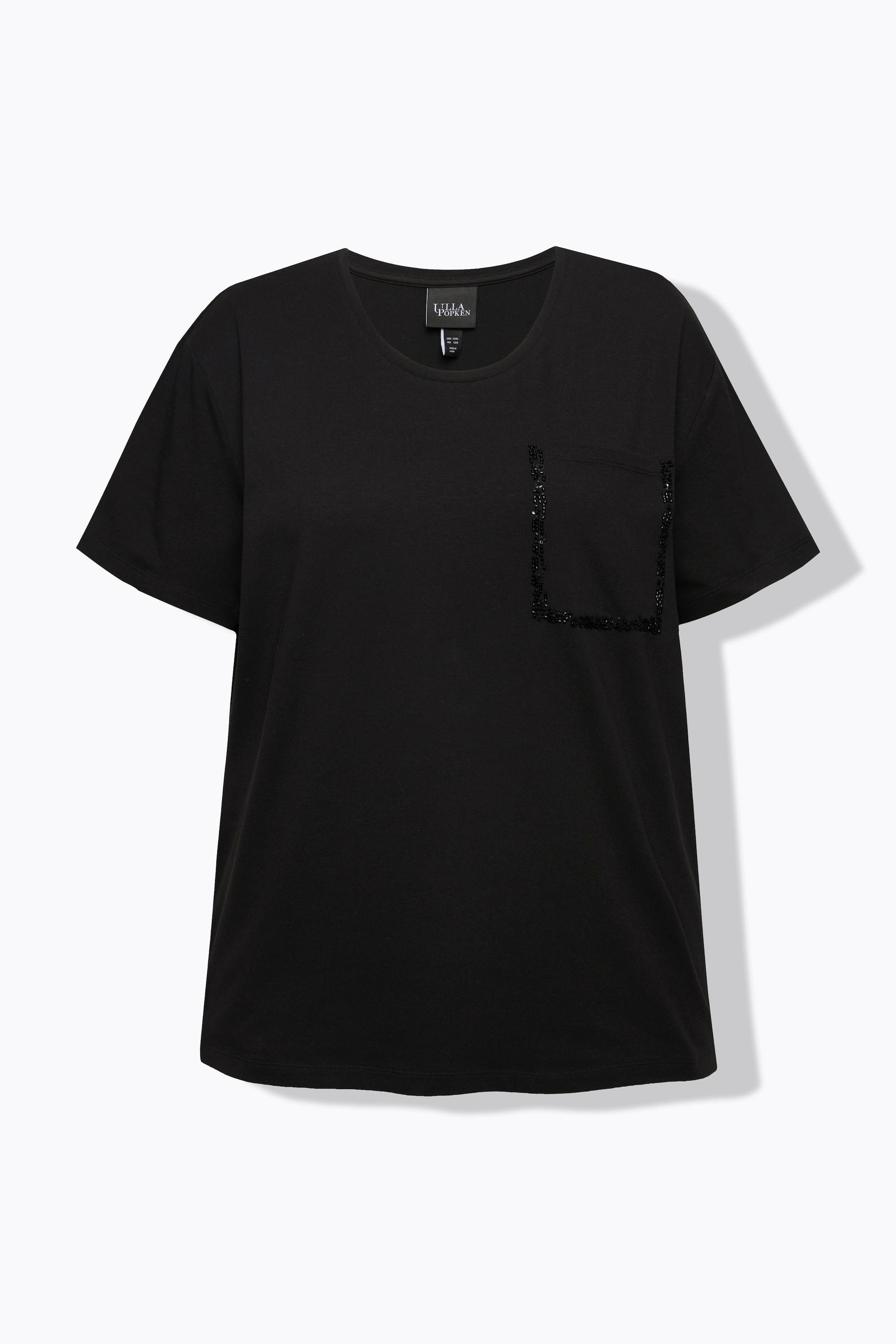 Ulla Popken  T-shirt oversize à col rond et manches courtes, perles et poche poitrine 