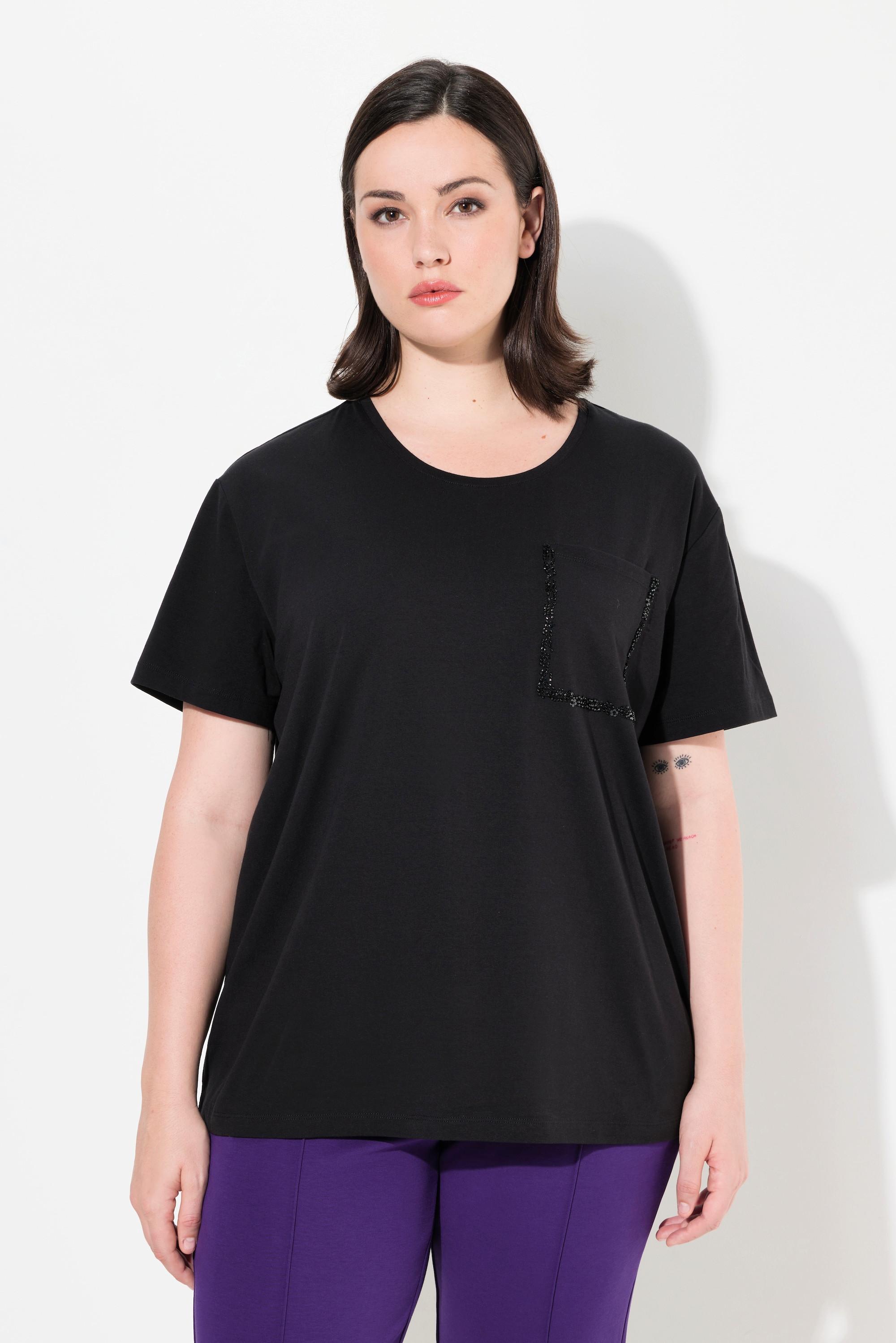 Ulla Popken  T-shirt oversize à col rond et manches courtes, perles et poche poitrine 