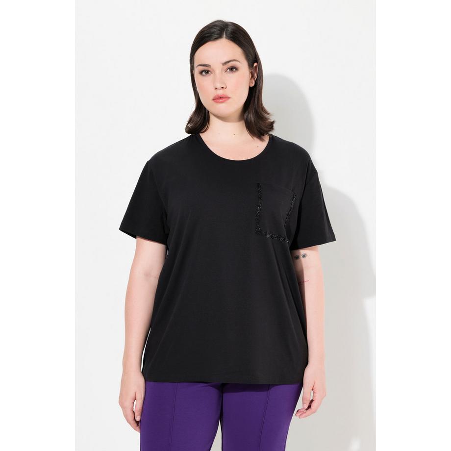 Ulla Popken Oversized Rundhals Halbarm T-Shirt mit Perlen Brusttasche  