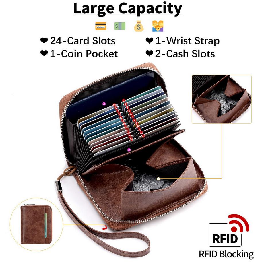 Only-bags.store Brieftasche Leder RFID-Schutz Kreditkartenetui, Brieftasche mit Reißverschluss, Brieftasche im Orgelstil  