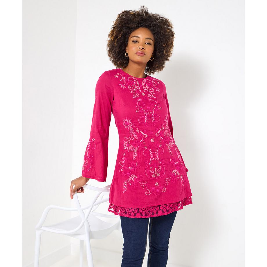 Robe tunique rose brodée