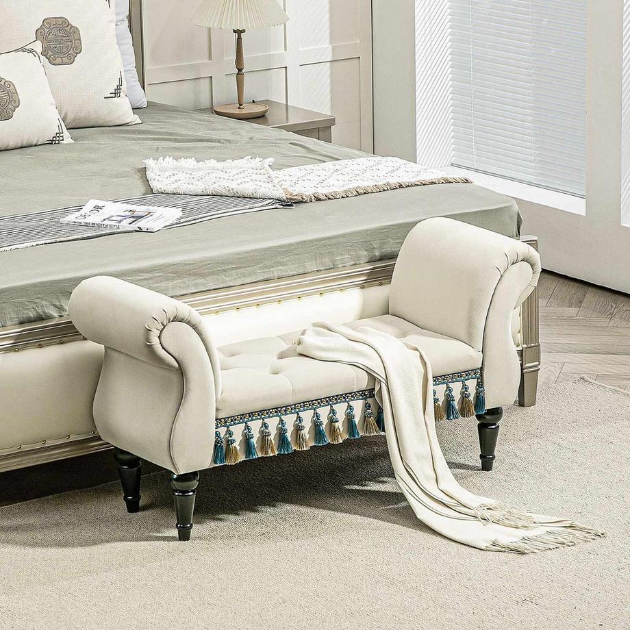 Northio Panca imbottita per camera da letto, con spazio per riporre oggetti, braccioli, gambe in legno, design vintage, aspetto velluto, portata 150 kg, 117 x 40 x 58 cm, beige  