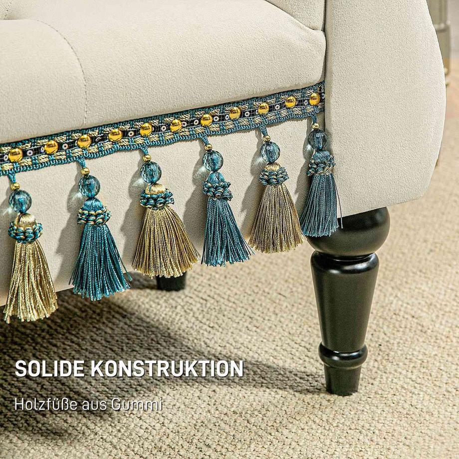 Northio Panca imbottita per camera da letto, con spazio per riporre oggetti, braccioli, gambe in legno, design vintage, aspetto velluto, portata 150 kg, 117 x 40 x 58 cm, beige  