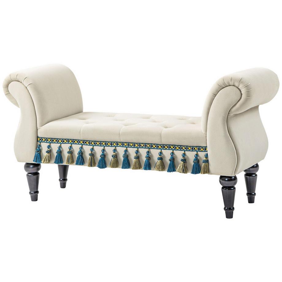 Panca imbottita per camera da letto, con spazio per riporre oggetti, braccioli, gambe in legno, design vintage, aspetto velluto, portata 150 kg, 117 x 40 x 58 cm, beige