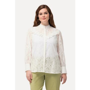 Blusa con pizzo Sangallo, collo da camicia, ruche e maniche lunghe