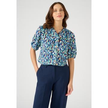 Geblümte Jacquard-Bluse mit Reliefstruktur, V-Ausschnitt mit Volants, Schulterpasse angerüscht.