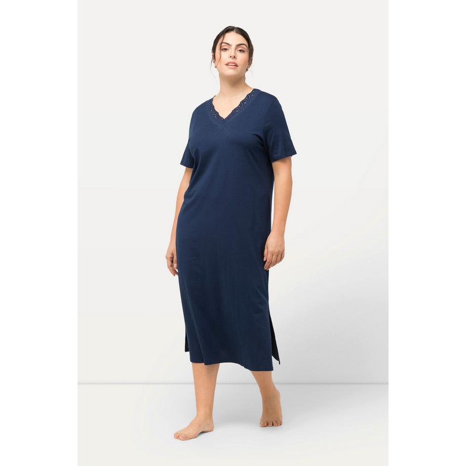 Ulla Popken Nachthemd Lochstickerei V-Ausschnitt Halbarm Modal  