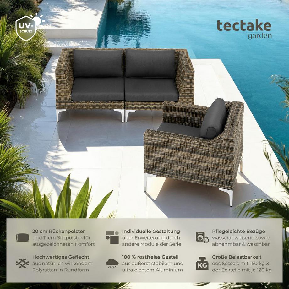 Tectake Ensemble salon de jardin modulable en rotin VILLANOVA fauteuil et éléments d'angle structure en aluminium  