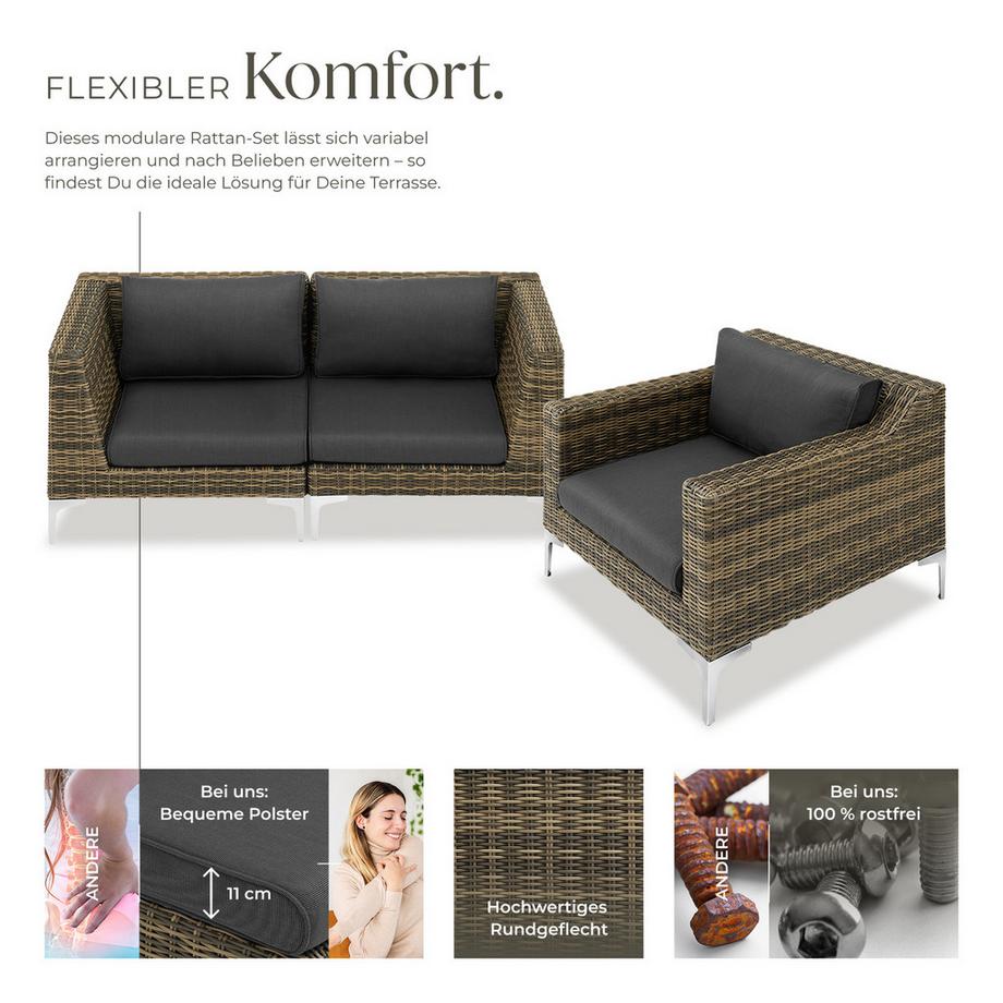 Tectake Ensemble salon de jardin modulable en rotin VILLANOVA fauteuil et éléments d'angle structure en aluminium  