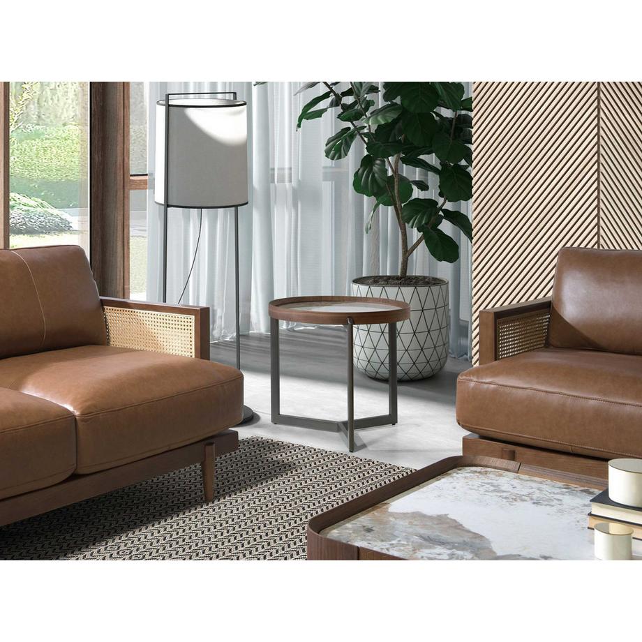 ANGEL CERDA Table basse ronde en marbre porcelaine, noyer et acier métallique foncé  