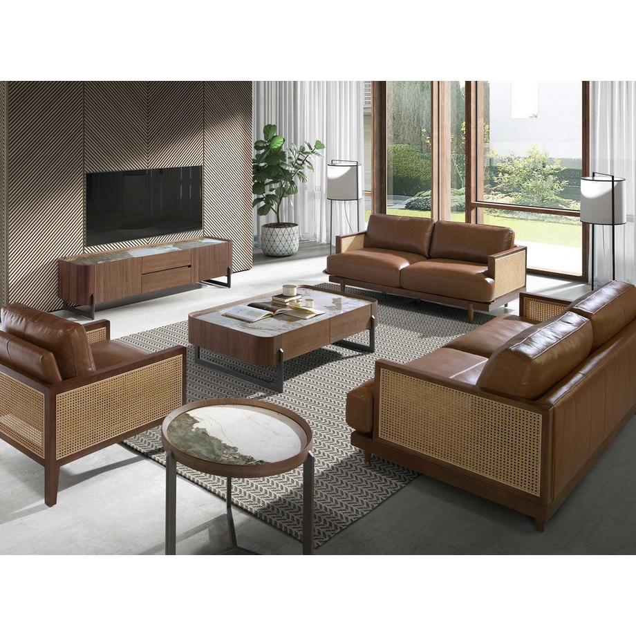 ANGEL CERDA Table basse ronde en marbre porcelaine, noyer et acier métallique foncé  