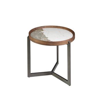 Table basse ronde en marbre porcelaine, noyer et acier métallique foncé