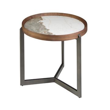 Table basse ronde en marbre porcelaine, noyer et acier métallique foncé