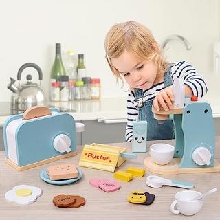 Activity-board  Hölzerne Kaffeemaschine & Pop-up Toaster Spielzeug Spielküche Kinderküchenzubehör mit Brotscheiben Butter Milch Soße Ei Lernspielzeug 