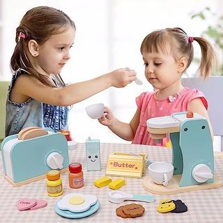 Activity-board  Hölzerne Kaffeemaschine & Pop-up Toaster Spielzeug Spielküche Kinderküchenzubehör mit Brotscheiben Butter Milch Soße Ei Lernspielzeug 