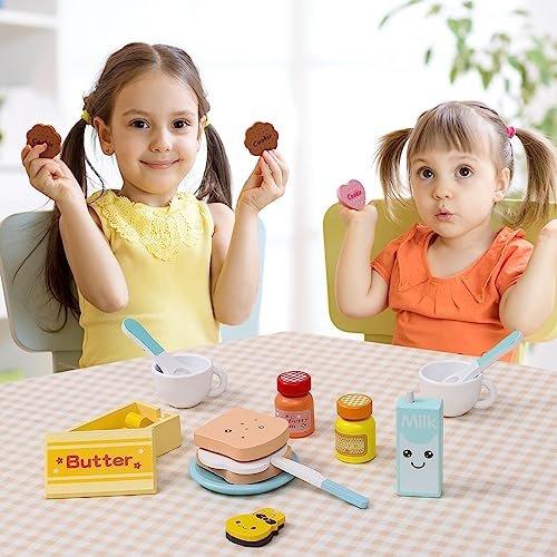 Activity-board  Hölzerne Kaffeemaschine & Pop-up Toaster Spielzeug Spielküche Kinderküchenzubehör mit Brotscheiben Butter Milch Soße Ei Lernspielzeug 