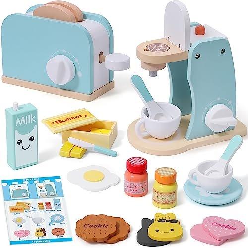 Activity-board  Hölzerne Kaffeemaschine & Pop-up Toaster Spielzeug Spielküche Kinderküchenzubehör mit Brotscheiben Butter Milch Soße Ei Lernspielzeug 