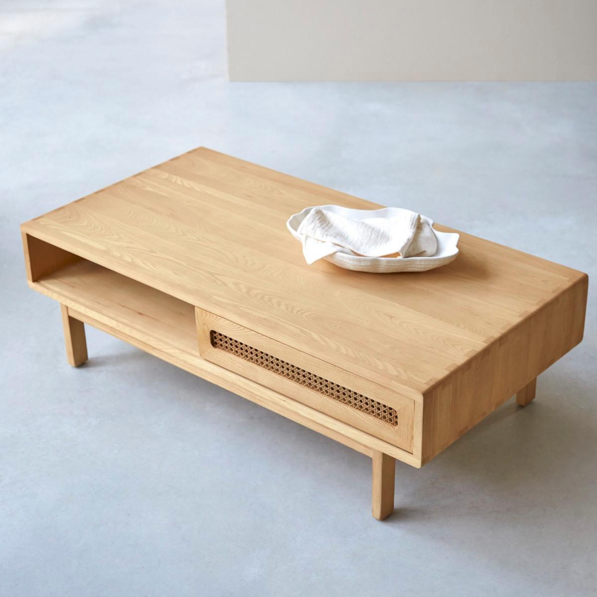 Tikamoon Couchtisch aus massivem Ulme und Rattangeflecht Luis  