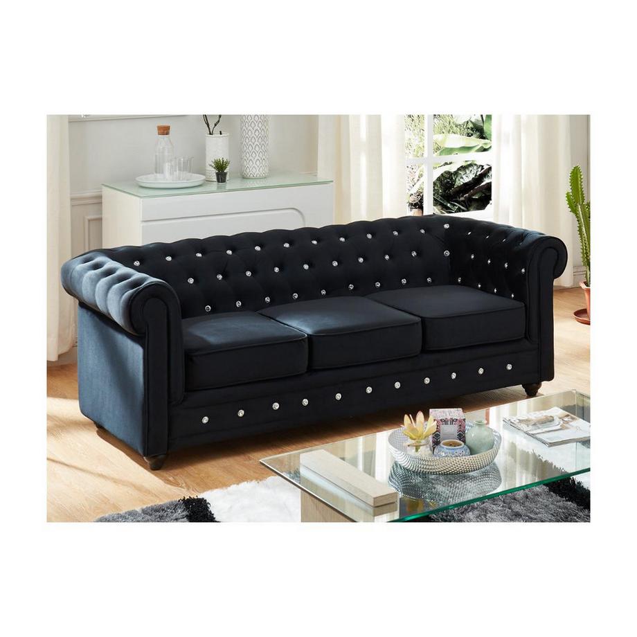 Vente-unique Divano 3 posti e 2 poltrone CHESTERFIELD in velluto Nero con bottoni effetto cristallo  