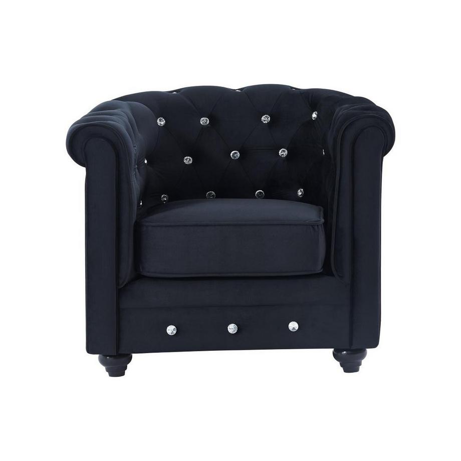 Vente-unique Divano 3 posti e 2 poltrone CHESTERFIELD in velluto Nero con bottoni effetto cristallo  