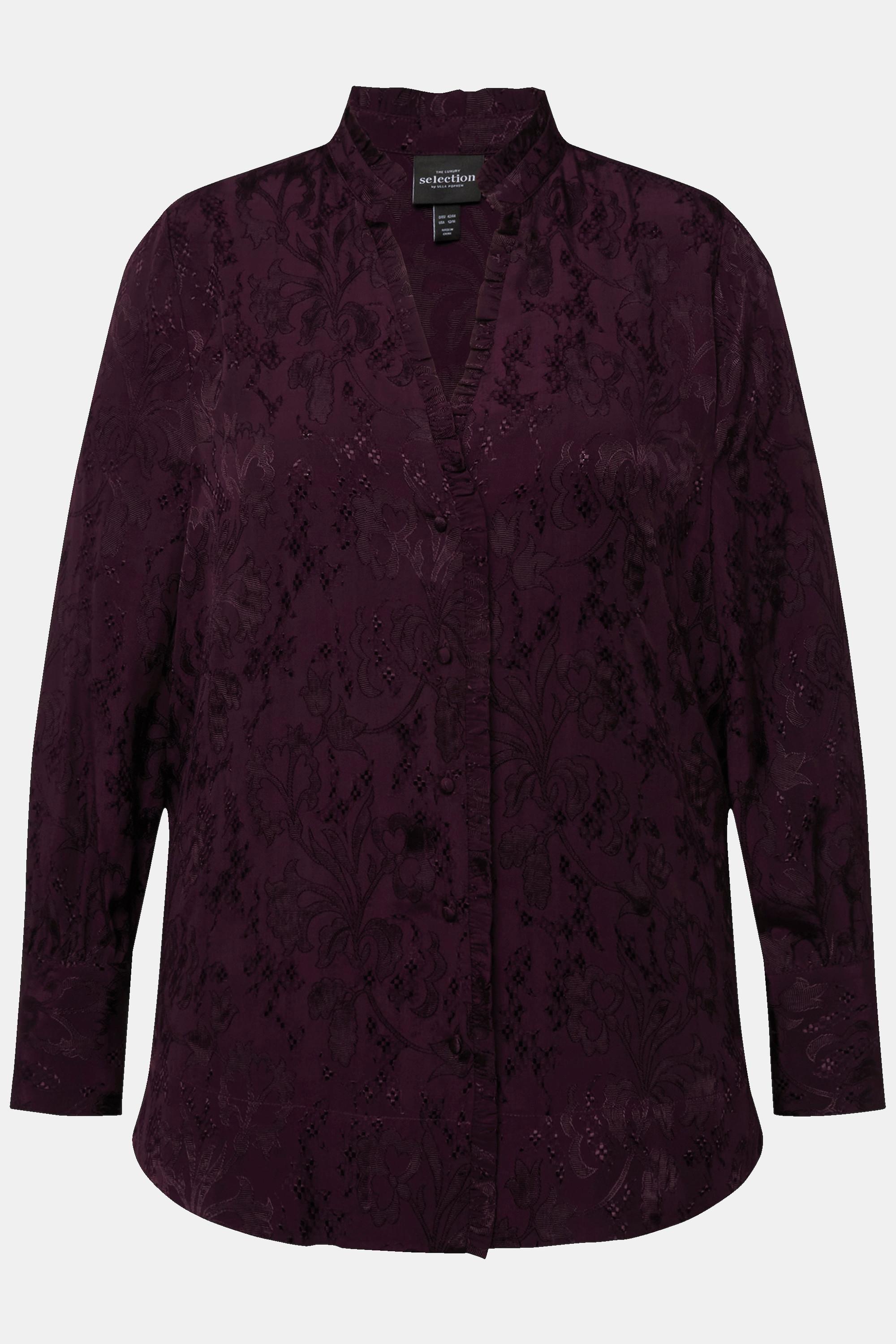 Ulla Popken  Blouse encolure en V et manches longues, tissu Jacquard et ruchés 