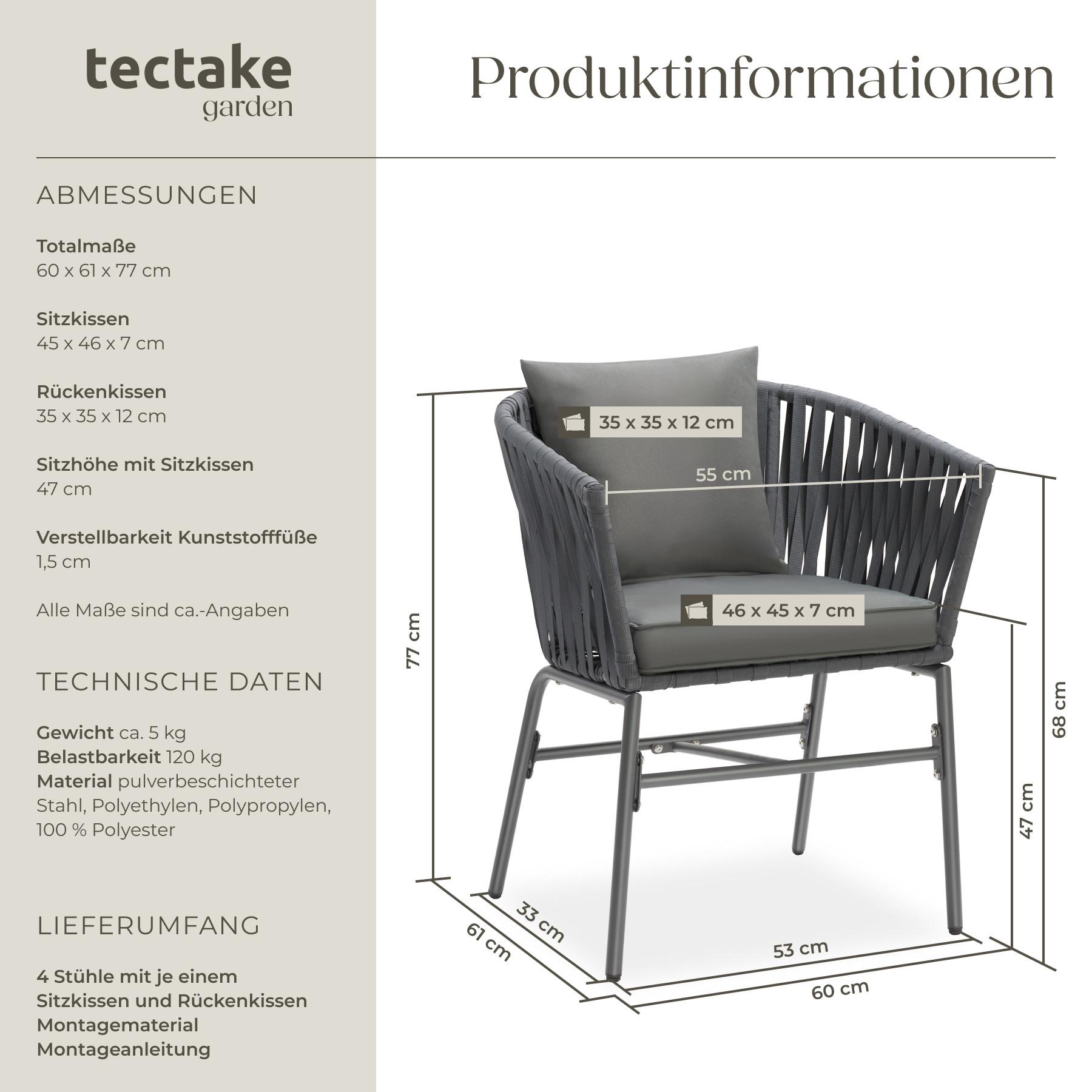 Tectake Stuhlset Valeiras im Rope-Design, dicke Polster, 60x61x77cm  