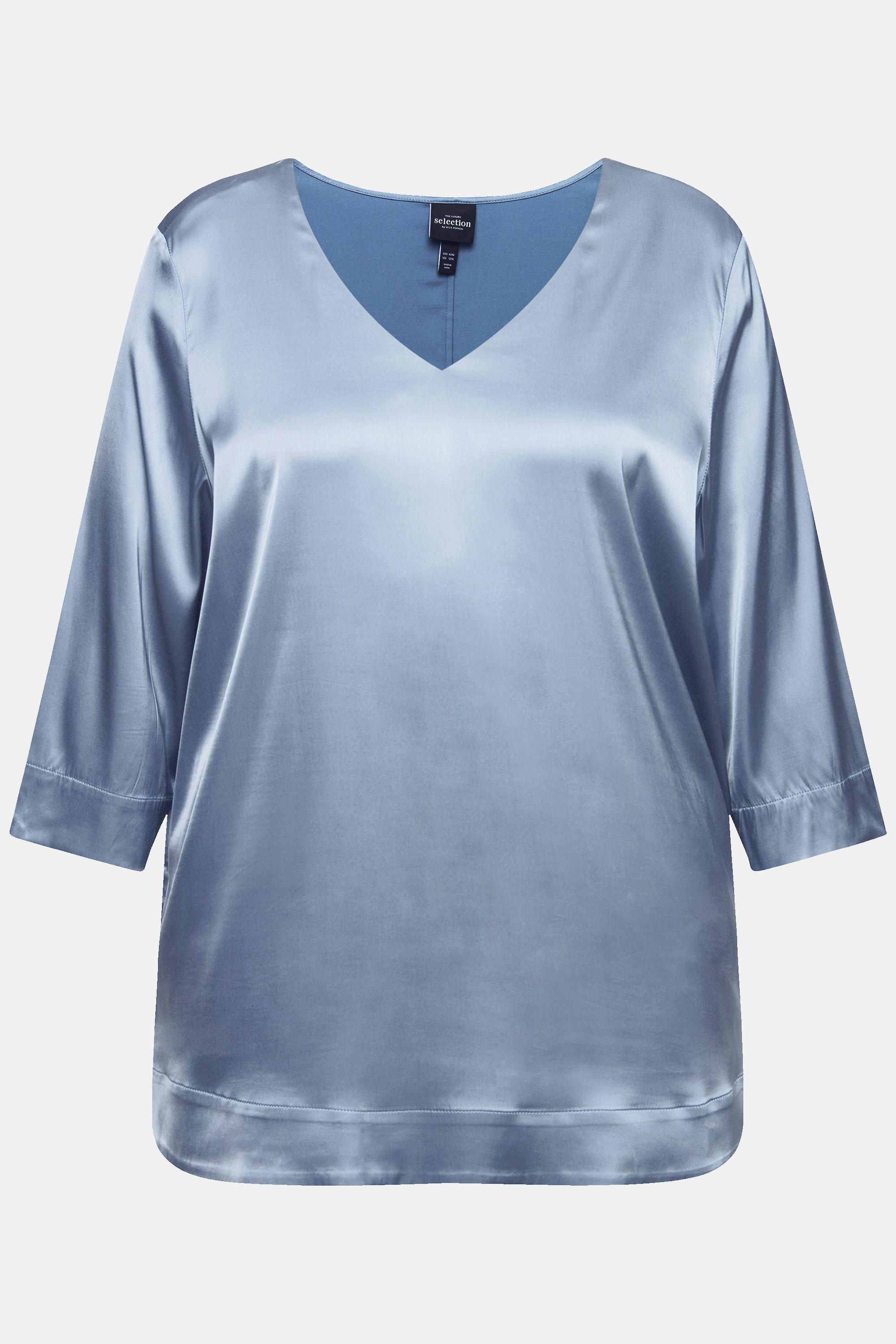 Ulla Popken  Blusenshirt, Satin, Boxy, V-Ausschnitt, 3/4-Arm 