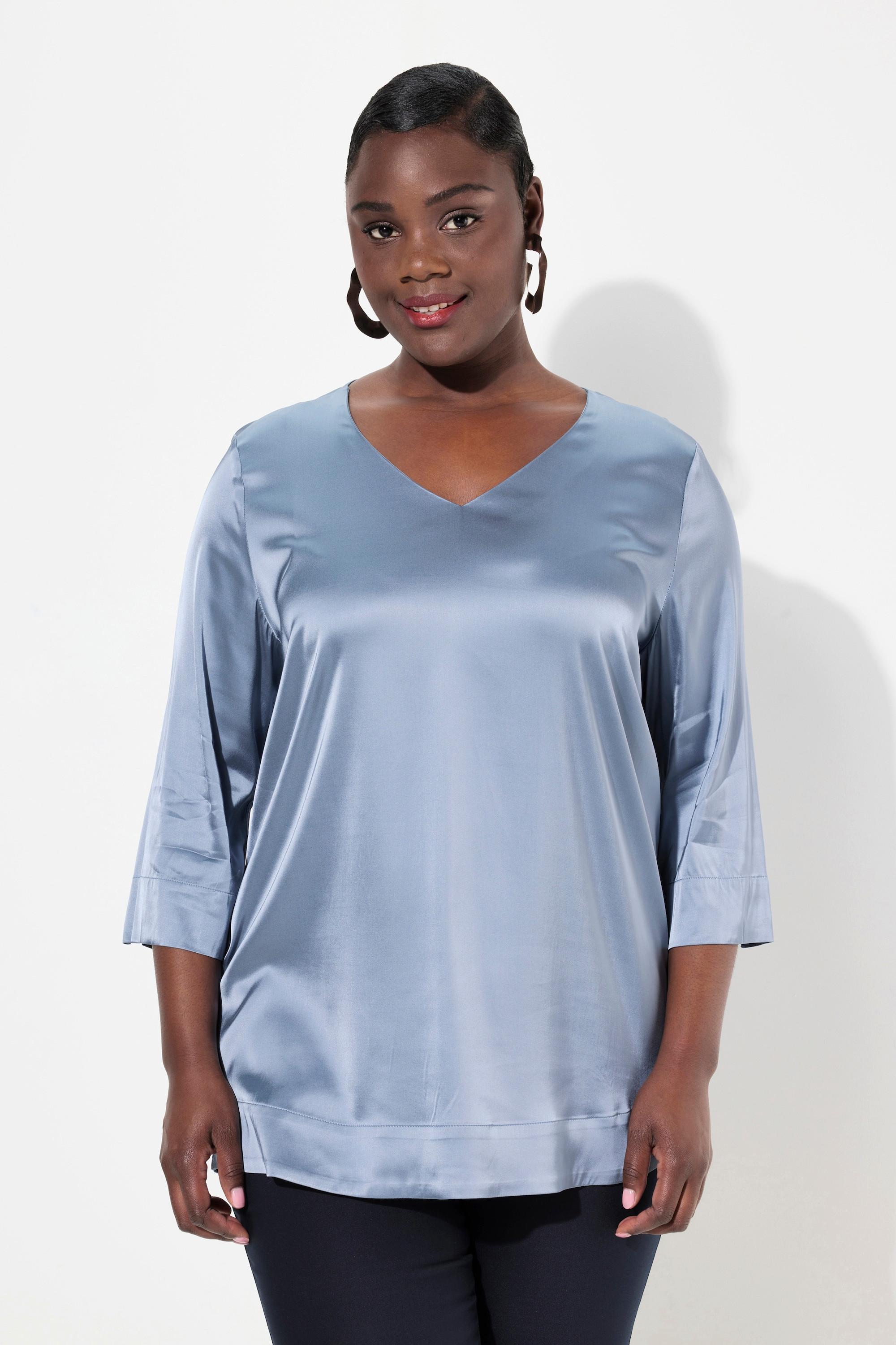 Ulla Popken  Blouse boxy en satin à col en V et manches 3/4 