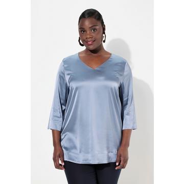 Blouse boxy en satin à col en V et manches 3/4